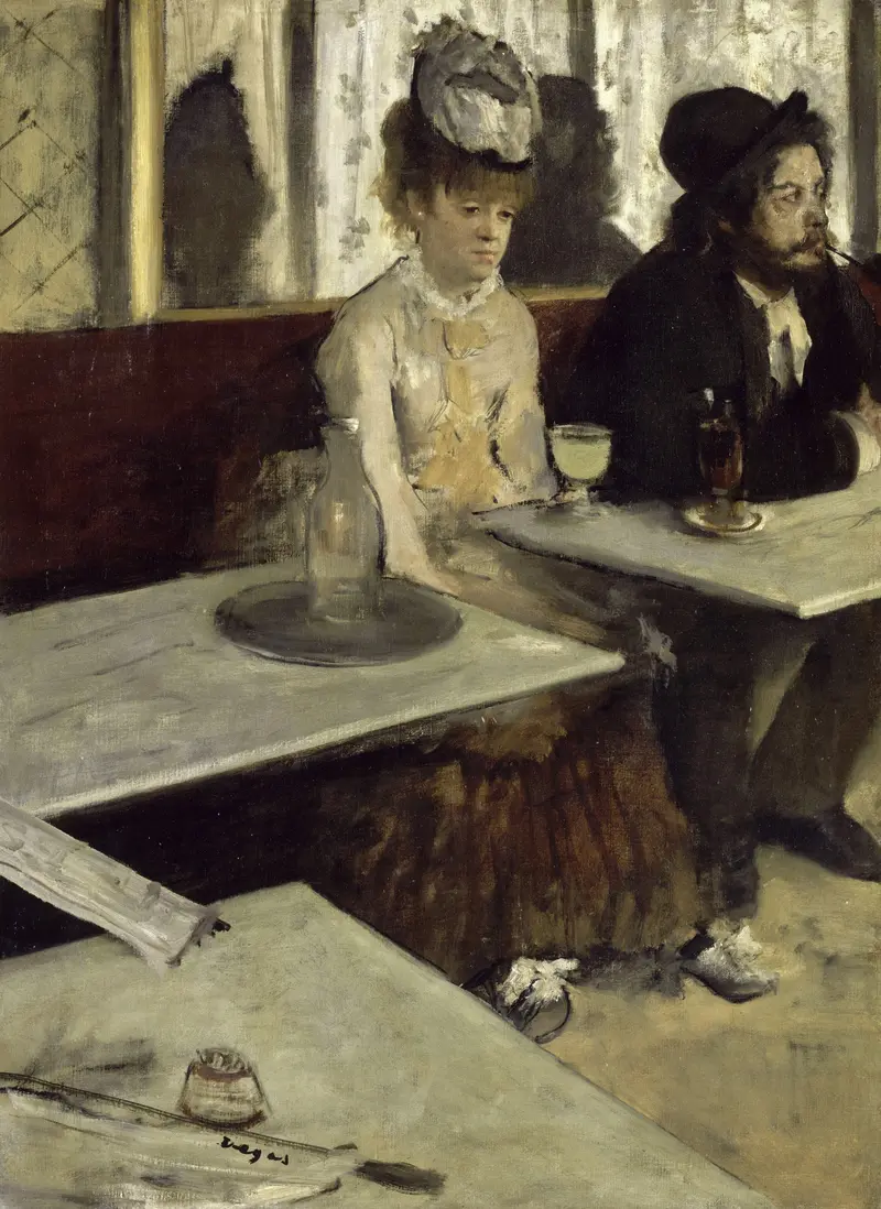 A woman in a pale dress and hat sits slouched at a marble café table with a glass of green absinthe, beside a man in a dark coat and hat smoking a pipe.
