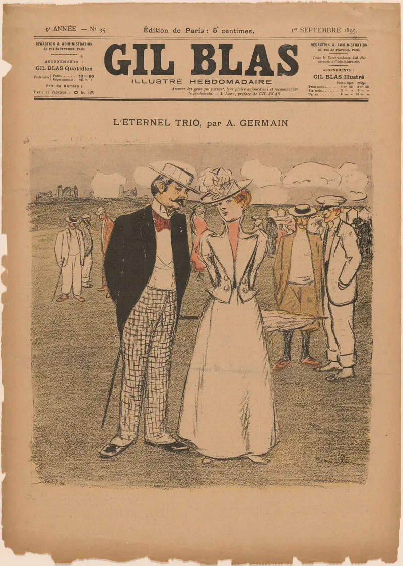 A fashionable man and woman lock eyes, while a solitary figure watches them from behind in a bustling Parisian setting.