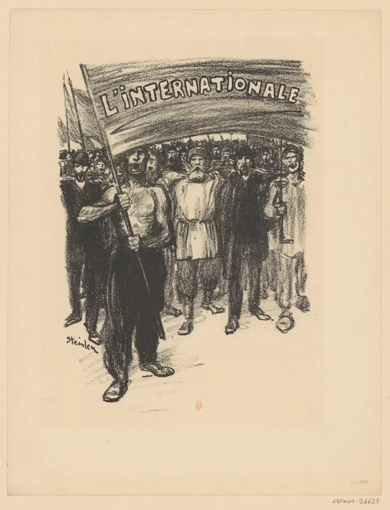 A crowd with determined faces surges forward, led by a muscular figure holding a banner emblazoned with 'L'Internationale'.