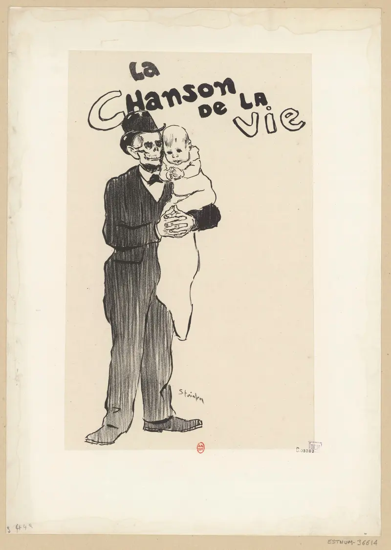 A skeleton in a gentleman's suit cradles a swaddled infant, with a playful title above them.