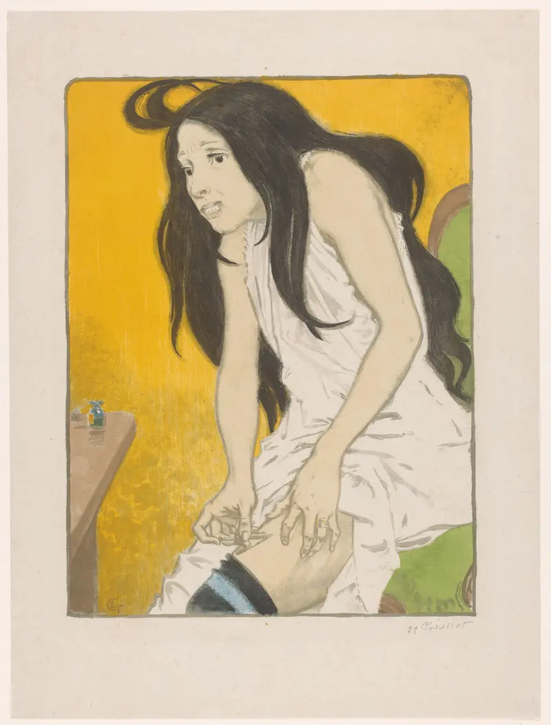 A woman with wide eyes and a syringe, set against a yellow backdrop, conveying a moment of crisis.