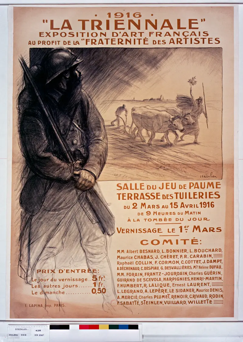A French soldier in deep shadow gazes toward an unseen horizon, while a farmer drives oxen in lighter tones behind him.