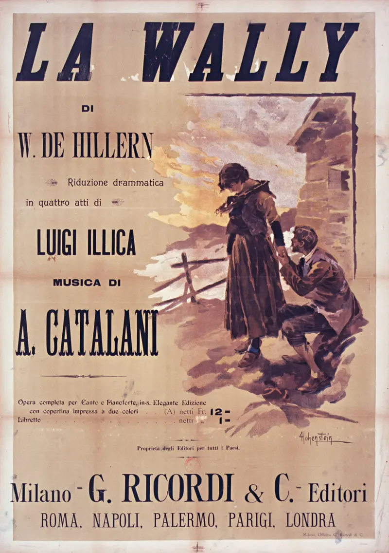 A woman stands on a mountain path, gazing down at a pleading man at her feet, surrounded by a dramatic sky.