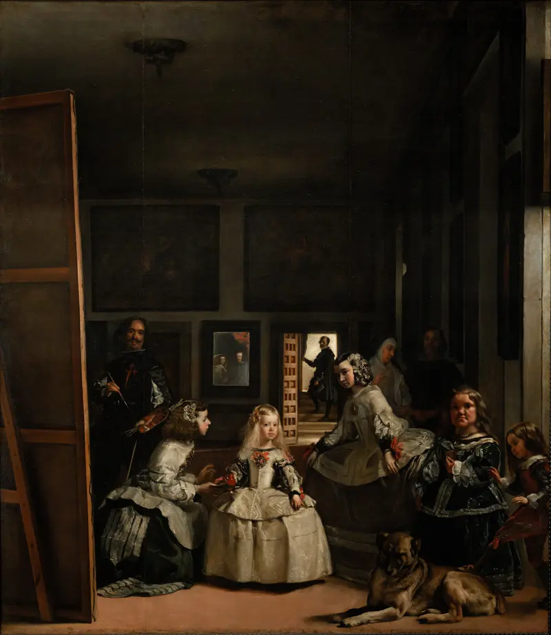A young girl in a pale dress stands center surrounded by figures including two women, a dwarf, a dog, and a man with a brush beside a large canvas.