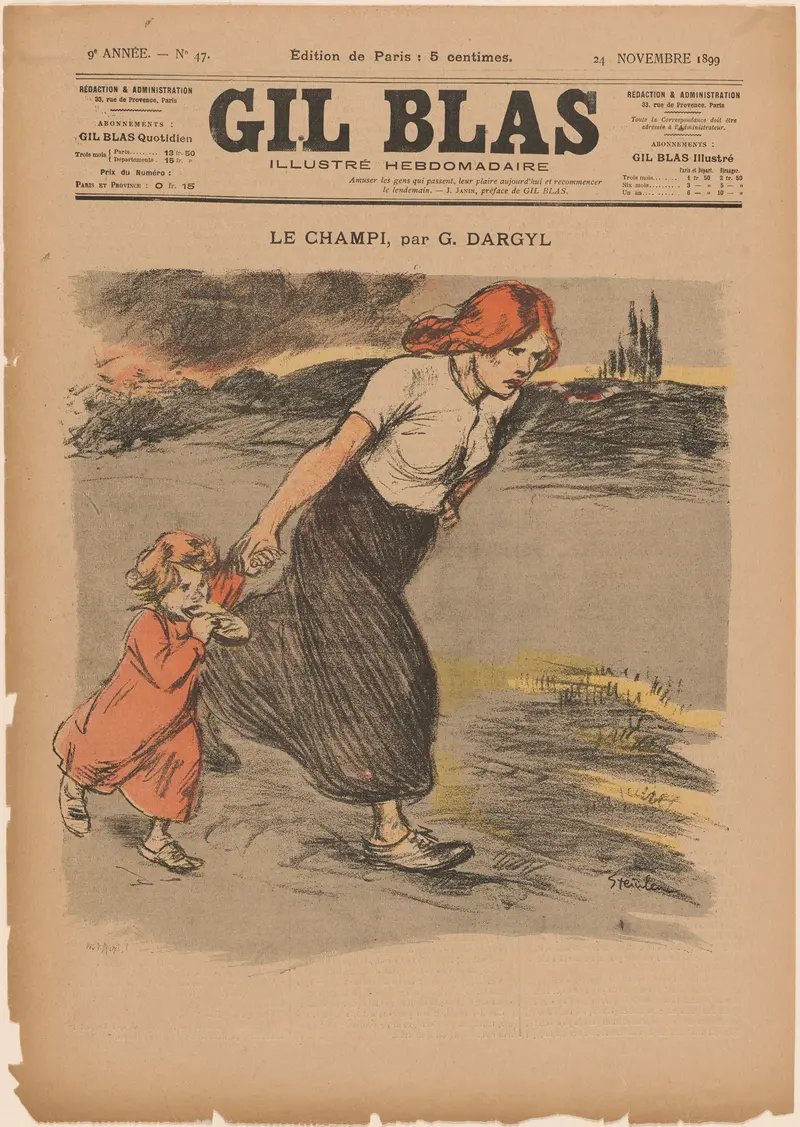 A woman with red hair urgently leads a child through muted fields, their expressions conveying tension and movement.