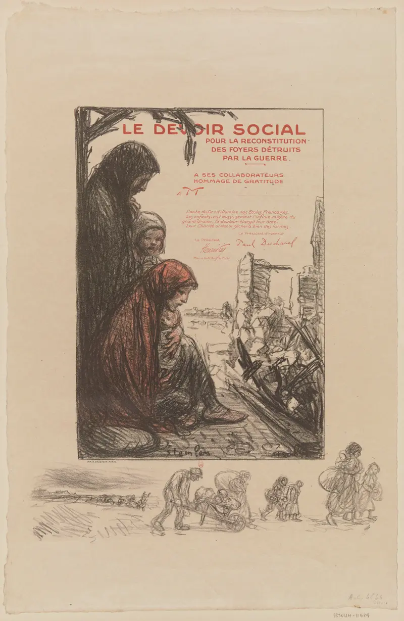 Three figures in heavy garments huddle amid the remains of a ruined home, conveying exhaustion and loss.