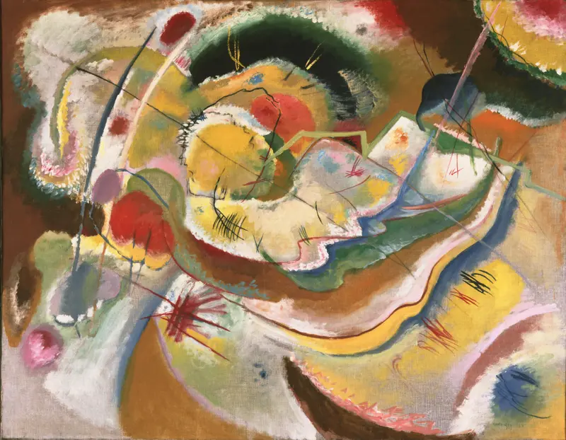 A vibrant abstract painting featuring a burst of yellow at the center, surrounded by arcs and splashes of red, green, and blue.