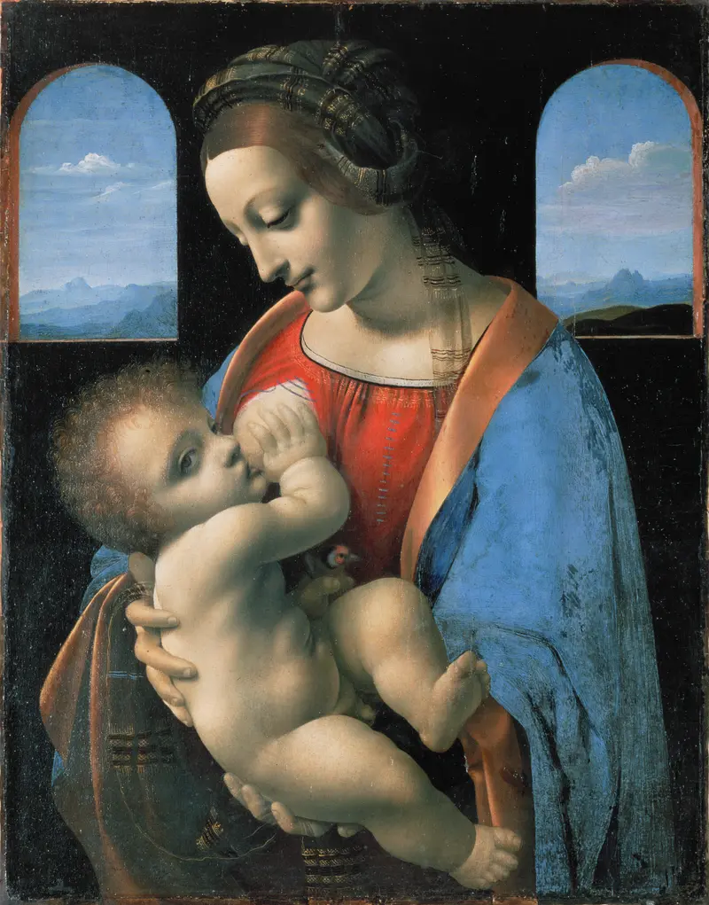 A woman in a red dress and blue mantle tenderly cradles a naked infant against a dark background with two arched windows showing distant mountains.