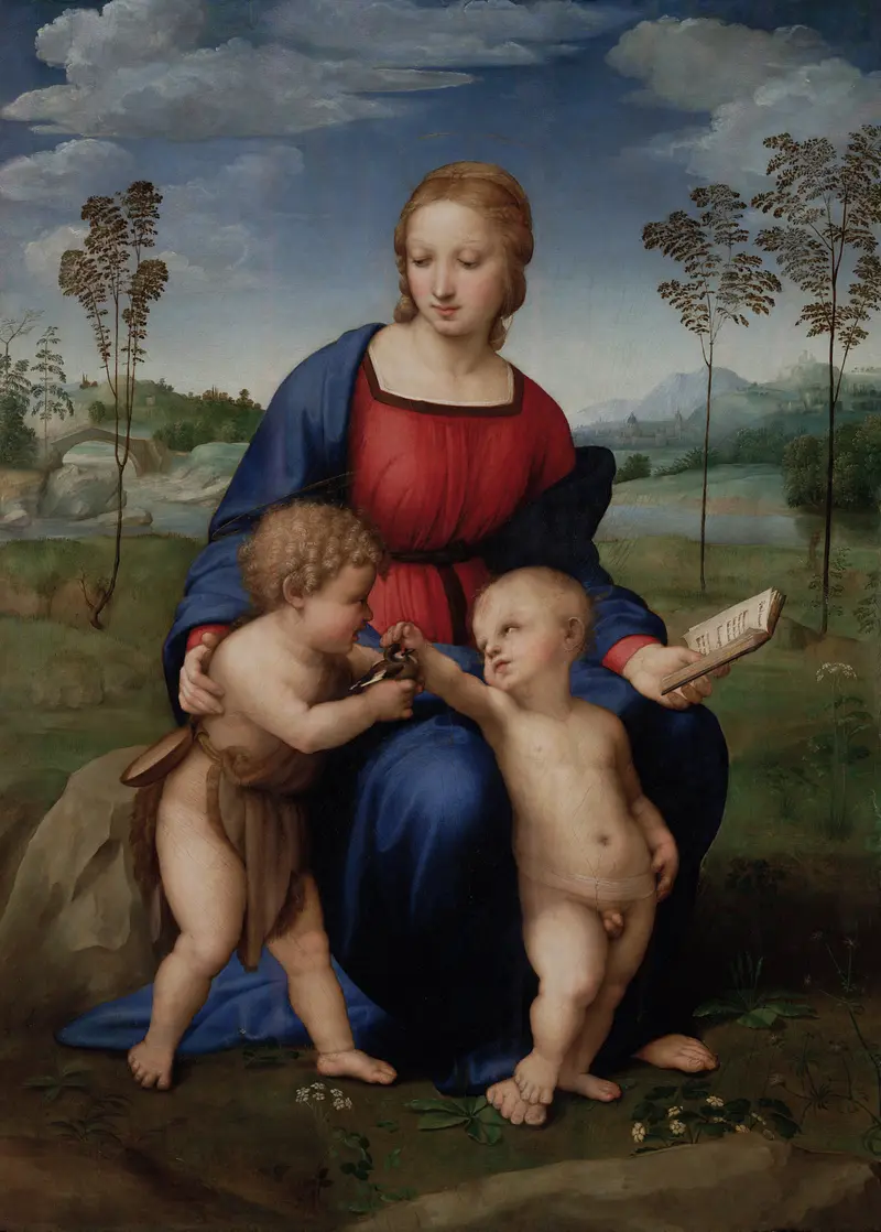 A young woman in a red dress and blue mantle sits on a rock with two children, one holding a small bird, set against a landscape of hills and trees.