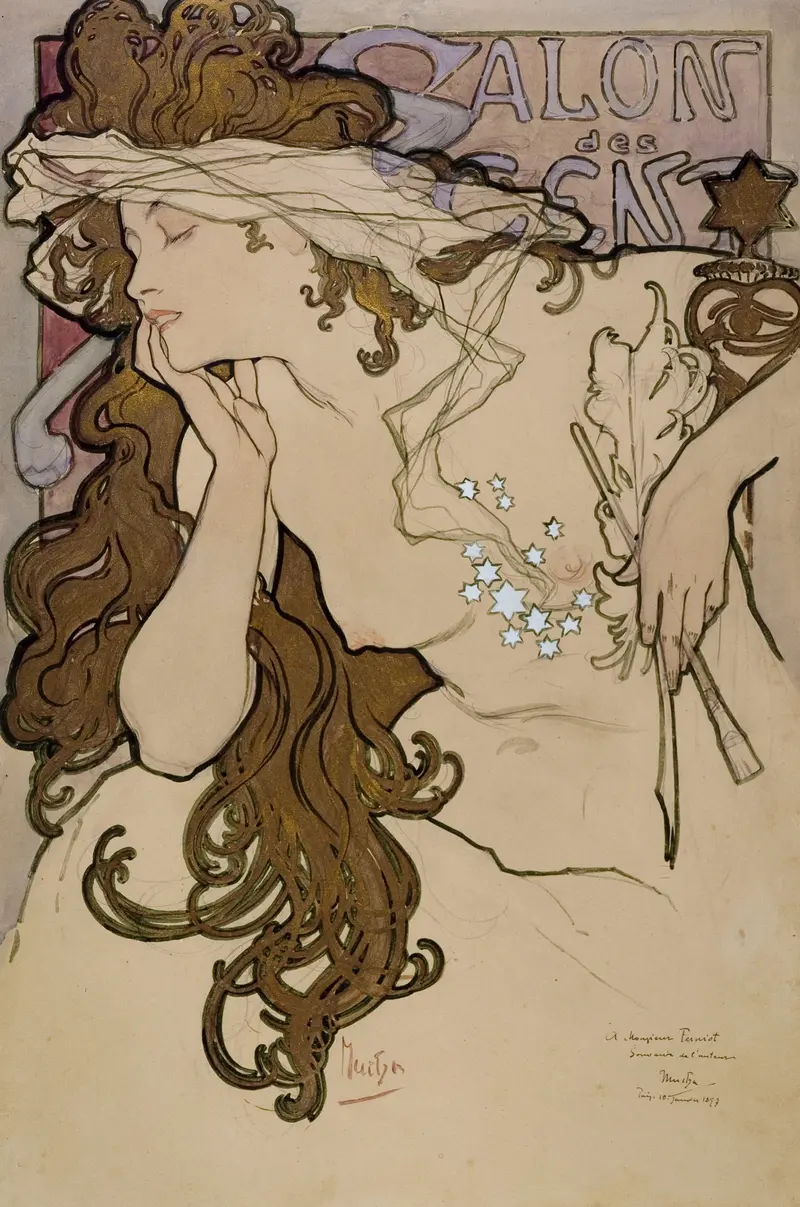 A dreamy woman with flowing hair, surrounded by stars, holding a quill, embodying artistic inspiration.