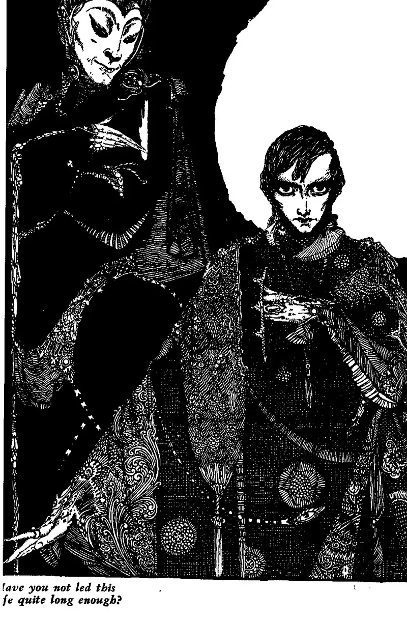 A dramatic illustration of Mephistopheles and Faust, showcasing their contrasting figures and intricate garment details.