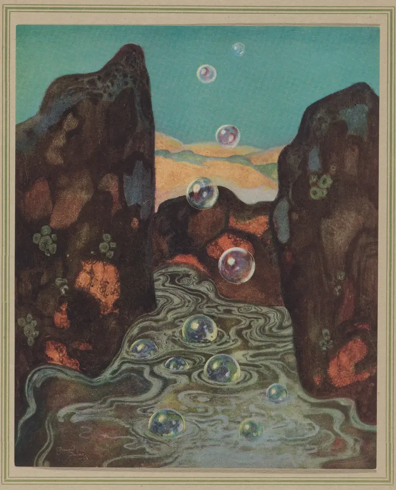 A narrow stream with iridescent bubbles rising between dark cliffs, surrounded by warm-colored rocks and distant hills.