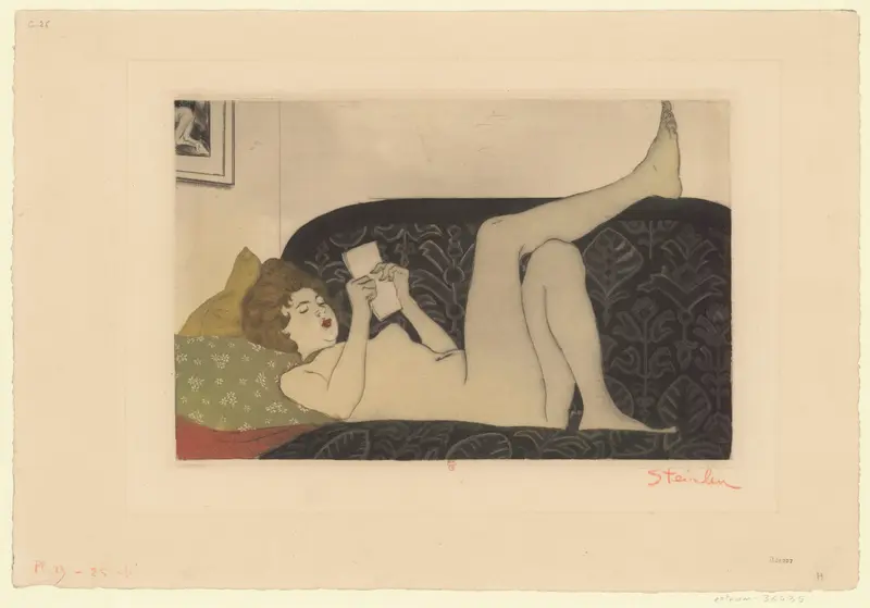 A nude woman reading on a patterned divan, her body relaxed and absorbed in the book.