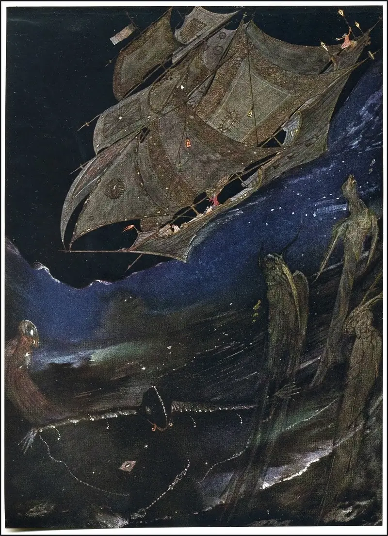 A ship with billowing sails rises at an impossible angle above ghostly figures in a dark sea.