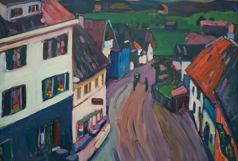 Landscape view with rolling hills and vibrant sky by Wassily Kandinsky, oil painting.