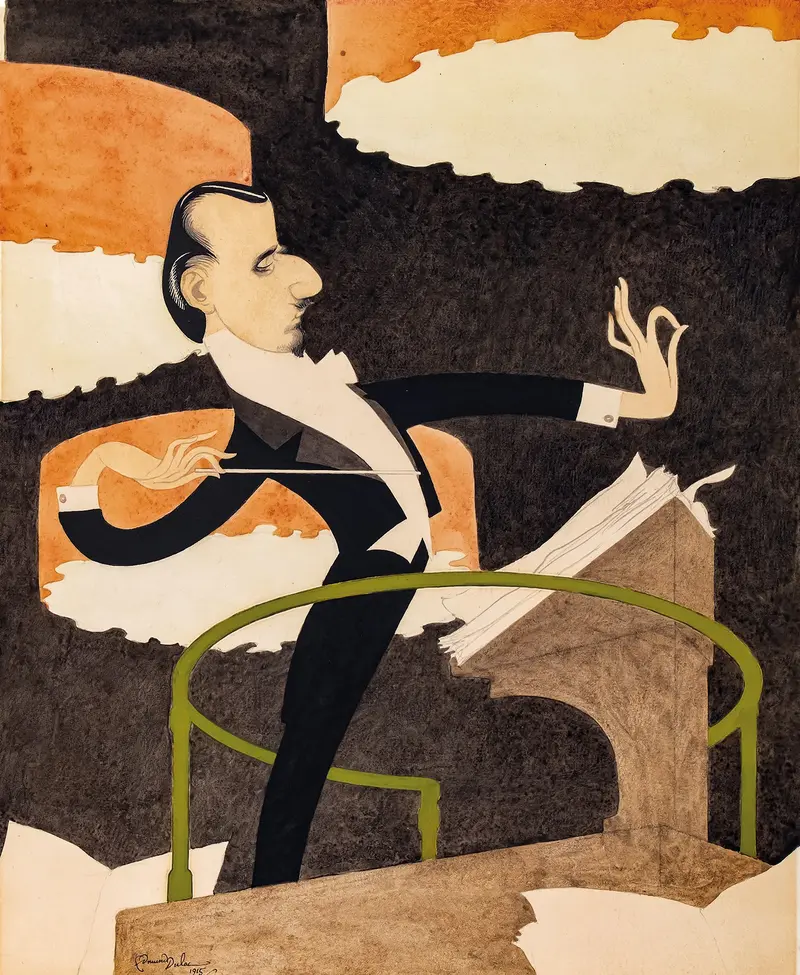 A conductor with an elongated hand conducts music, surrounded by a dark background and illuminated features.