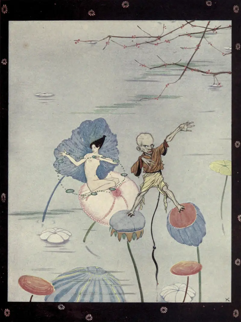 A delicate woman and a goblin-like creature atop oversized water flowers in a pale marsh.