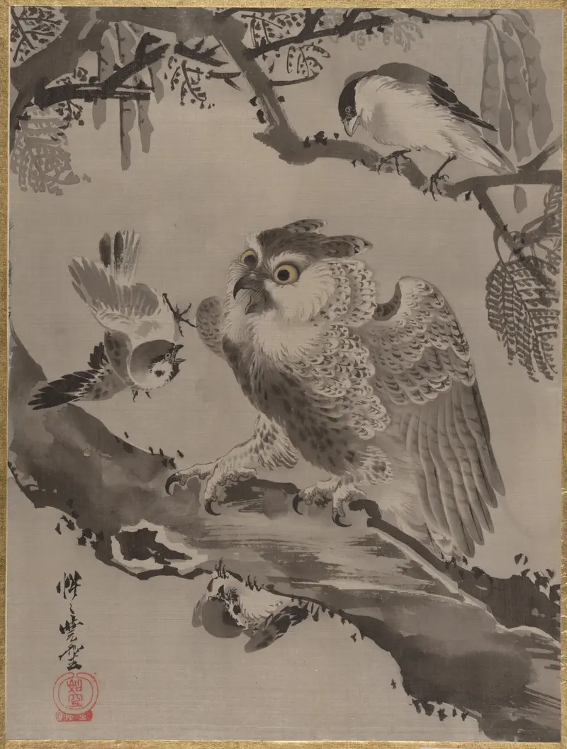 Owl Mocked by Small Birds by Kawanabe Kyôsai
