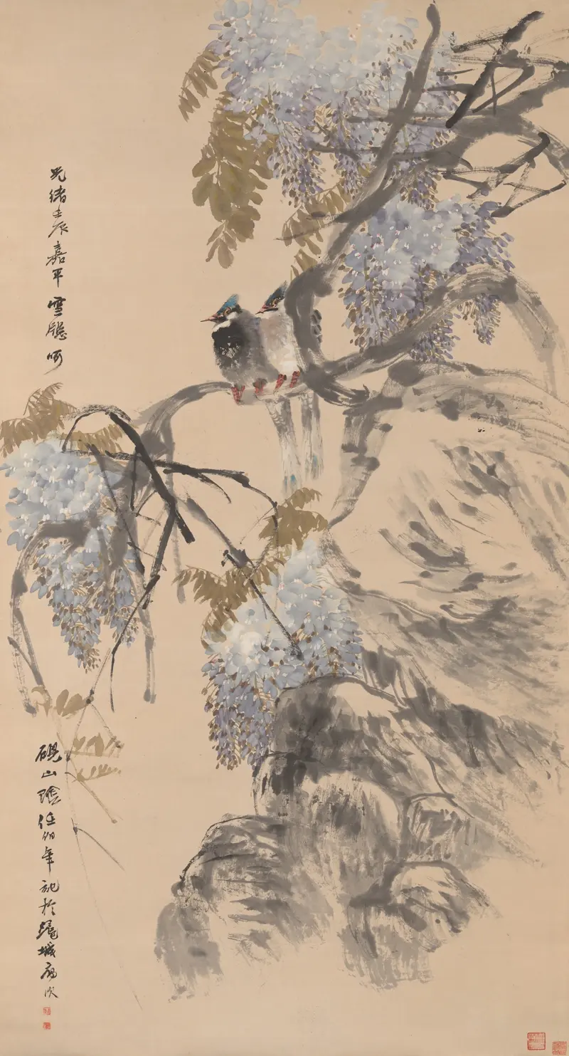 Paradise flycatchers and wisteria, paper artwork by Ren Yi