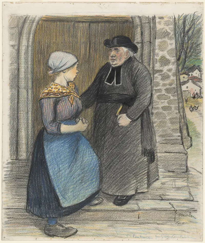 A young woman in a blue apron and patterned scarf stands nervously before a priest in a somber black robe, framed by a stone archway.