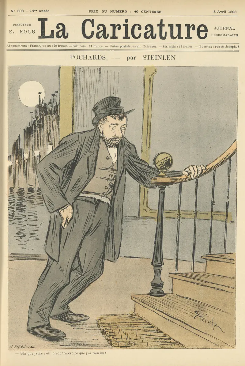 A disheveled man clings to a banister, his hat tilted and eyes heavy, against a cityscape under a low moon.