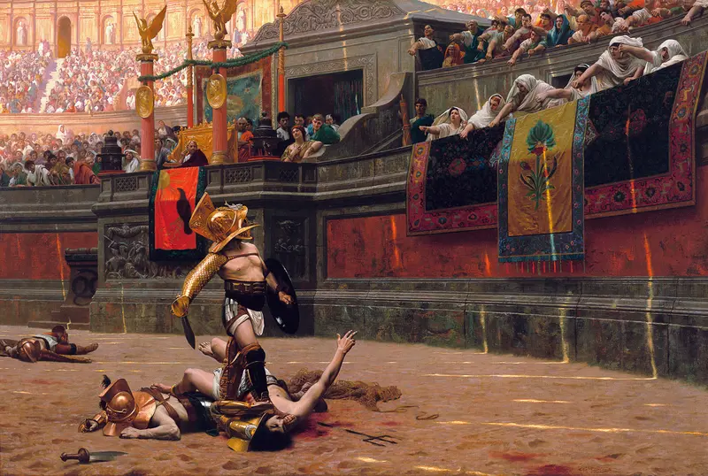 Jean-Léon Gérôme's 'Pollice Verso' captures a dramatic moment in ancient Roman culture.