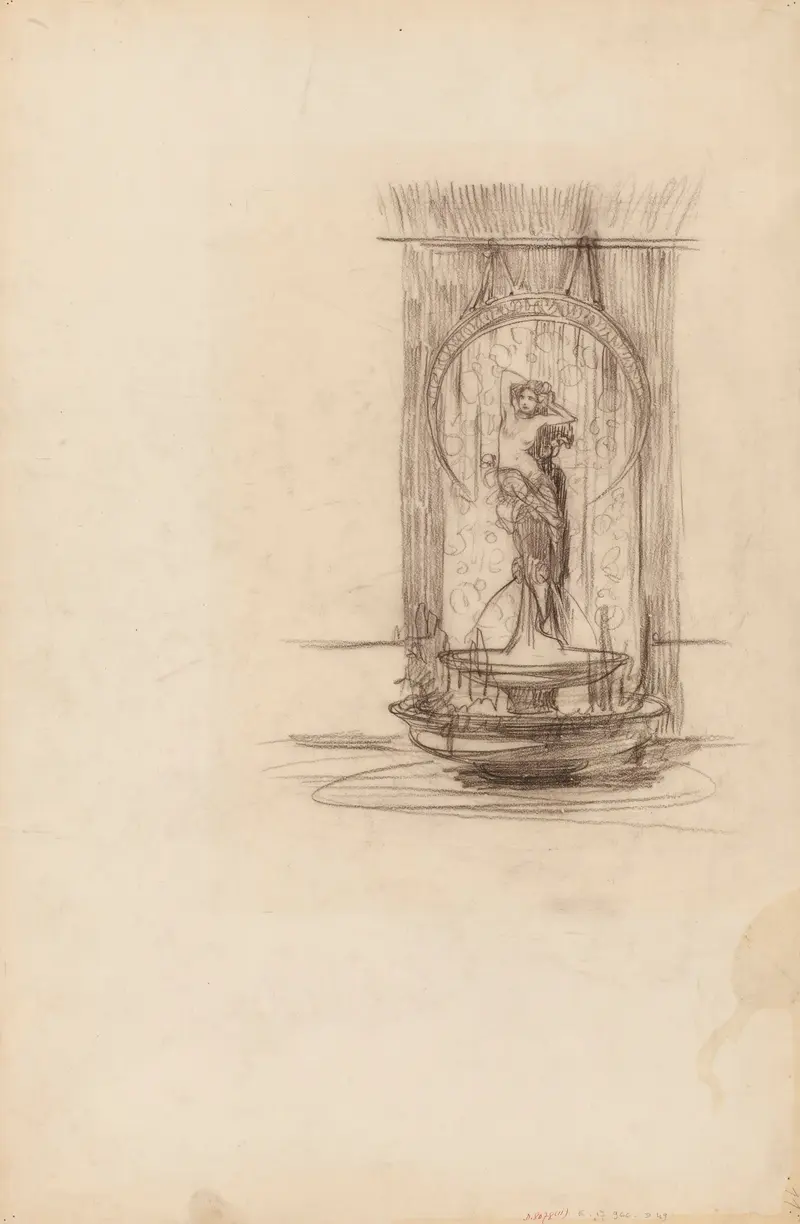 A delicate, unfinished sketch of a decorative fountain featuring a central figure in a circular frame.
