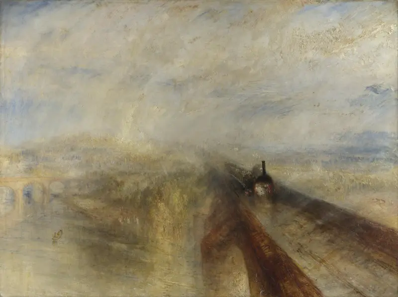 A dark locomotive emits white steam as it crosses a reddish-brown railway bridge over a river with arches, under a stormy sky.