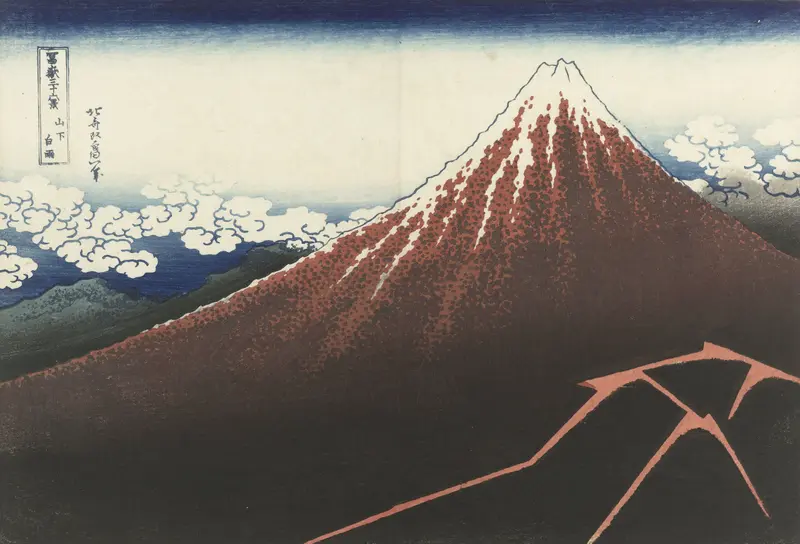A sharply peaked mountain with red and brown slopes, white rain streaks, blue-outlined clouds, and green foothills beneath a gradient sky.