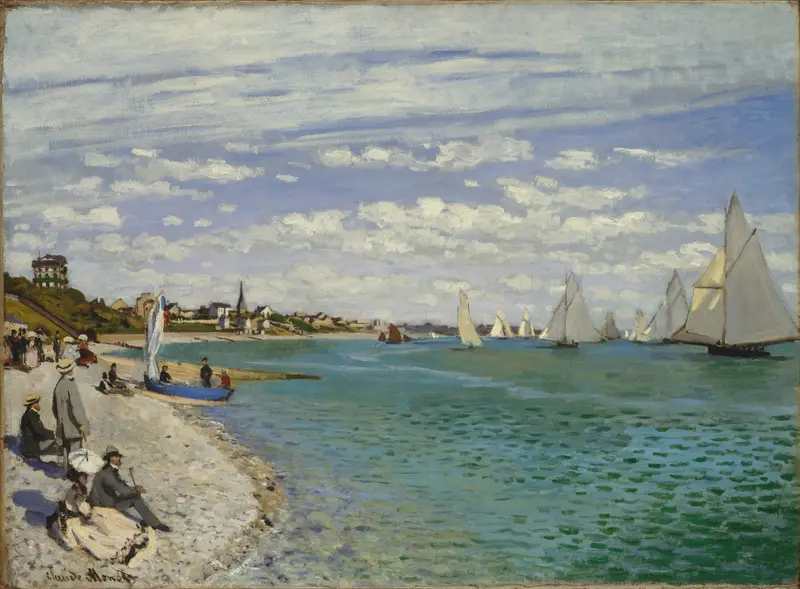 Sailboats with white sails on a blue-green bay and a crowd of well-dressed men and women gathered on a pebbled shore under a partly cloudy sky.