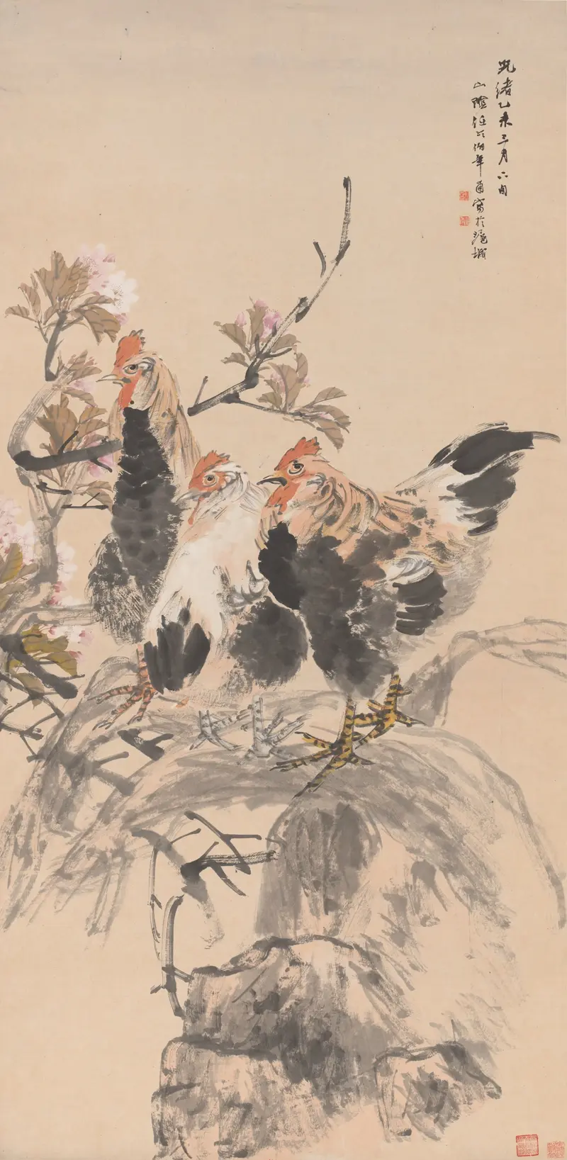 Roosters and Blossoming Apricots, paper by Ren Yi