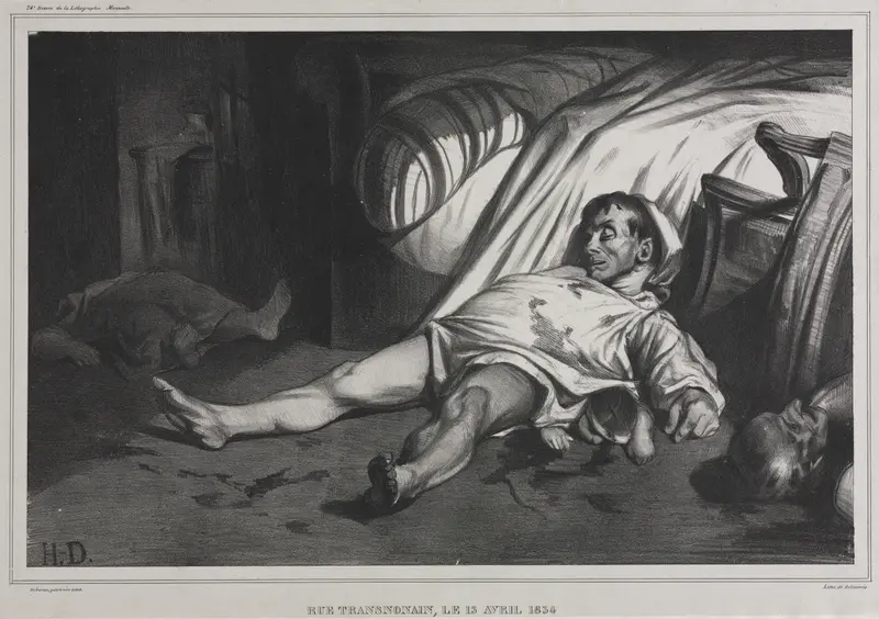 Honoré Daumier's 'Rue Transnonain, April 15' depicts the aftermath of a tragic event in Paris.