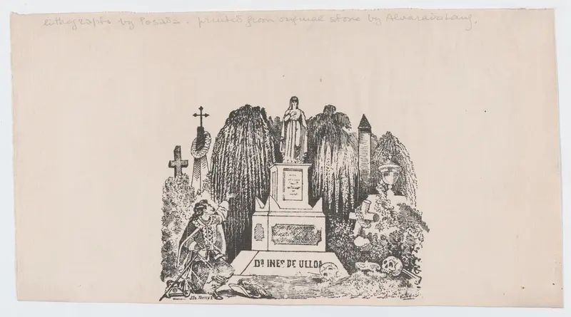 A kneeling figure at a grand tomb with a saint's statue above, surrounded by trees and crosses.