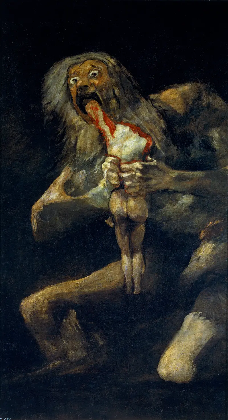 A wild-eyed giant bites into the shoulder of a pale, limp smaller figure with blood streaking down, set against a black background.