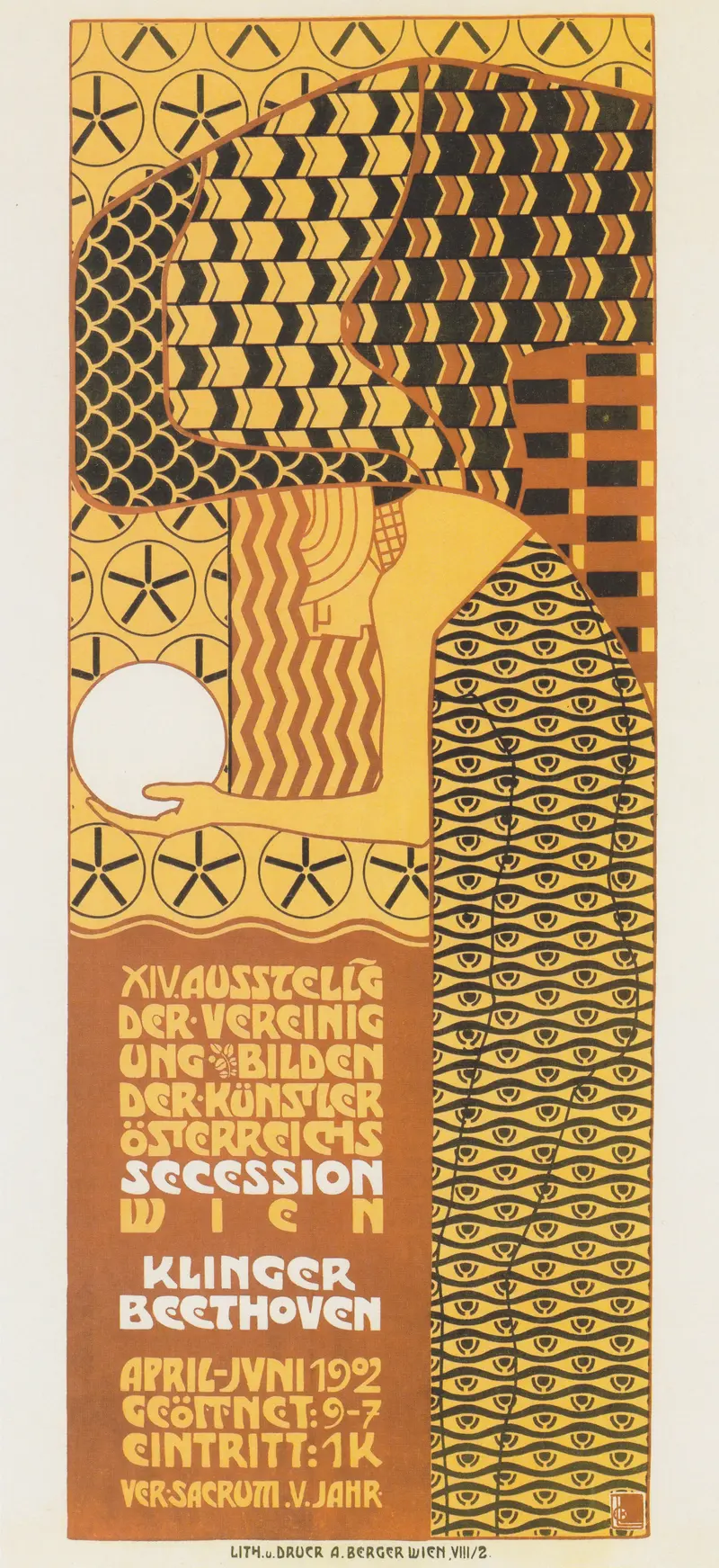 A stylized human figure draped in geometric patterns, holding a white sphere against a background of circles and starbursts.