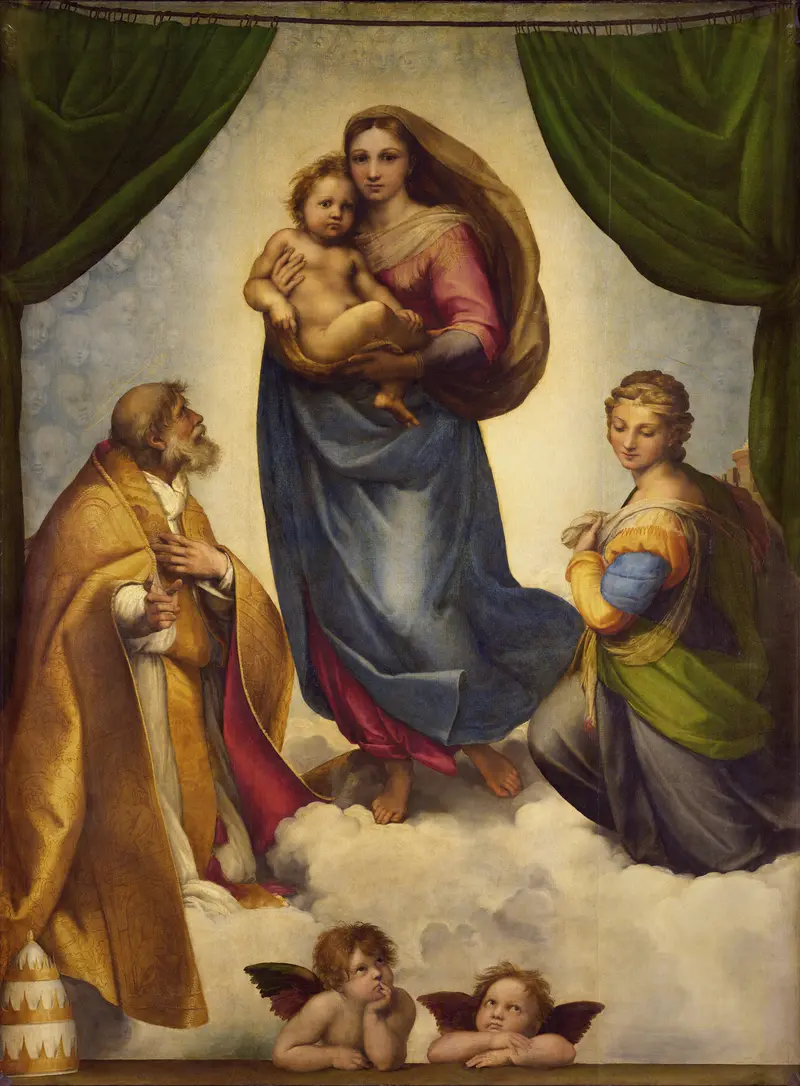 A young woman in rose and blue robes holds a small child, flanked by kneeling figures and two winged children below, framed by green curtains.