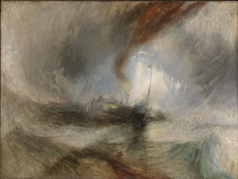 A dramatic depiction of a steamship struggling against a snowstorm at sea.