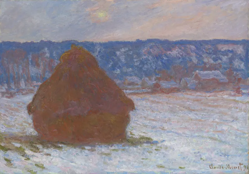 Stack of Wheat by Claude Monet, oil on canvas showing a snow-covered landscape.