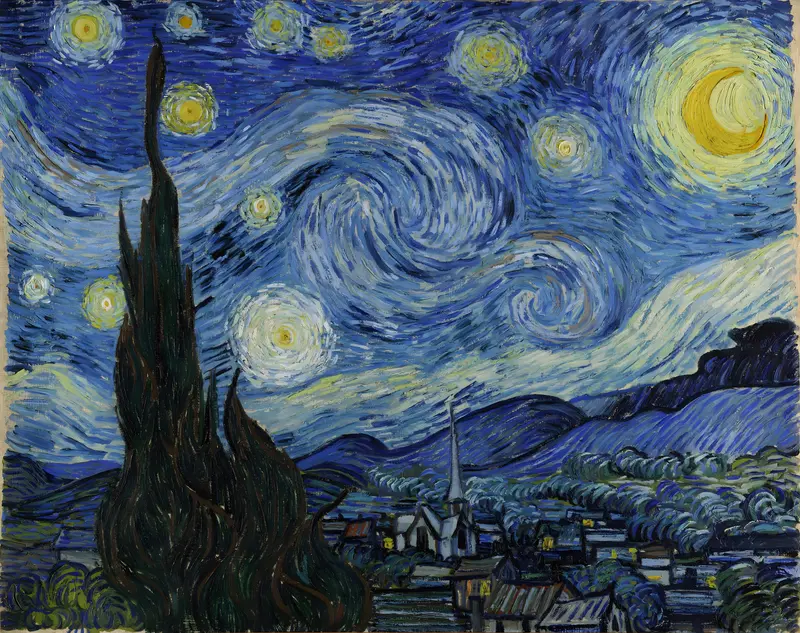 A swirling night sky filled with stars over a quiet village.