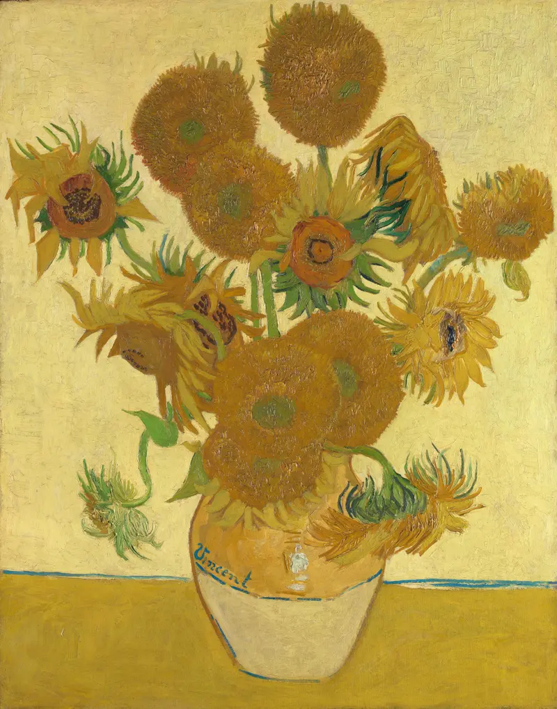 A cluster of fourteen sunflowers, some upright and others drooping, fills a rounded ochre vase on a flat yellow surface with thick, textured brushstrokes.