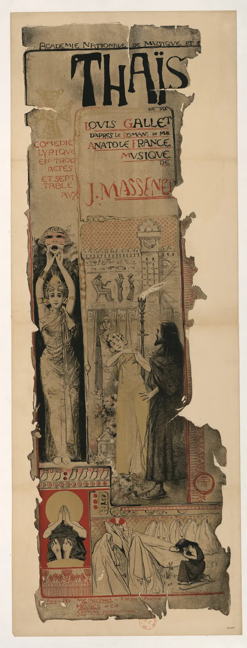 A theatrical poster featuring a central figure raising a mask, with bold lettering and a textured background.