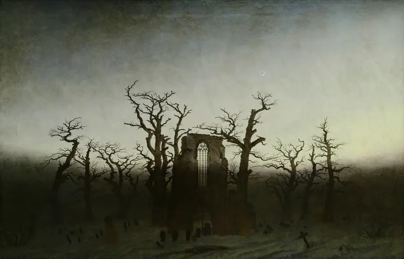 A ruined Gothic abbey stands amid leafless oaks in a snowy landscape with a procession of dark-robed figures carrying a coffin toward its entrance.