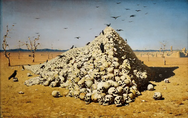 A towering mound of densely packed human skulls with black birds perched and flying around, set in a barren landscape with leafless trees and distant city walls.