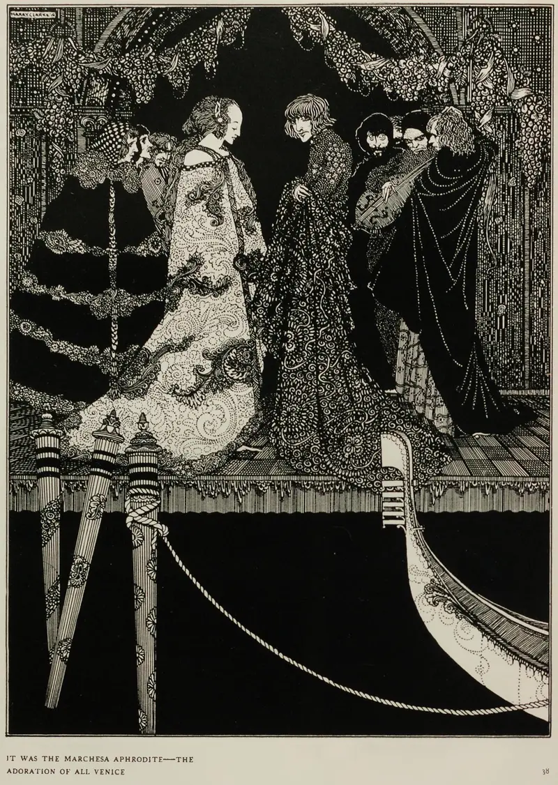 A masked gathering on a Venetian dock with pale figures in intricate costumes under a moonlit sky.