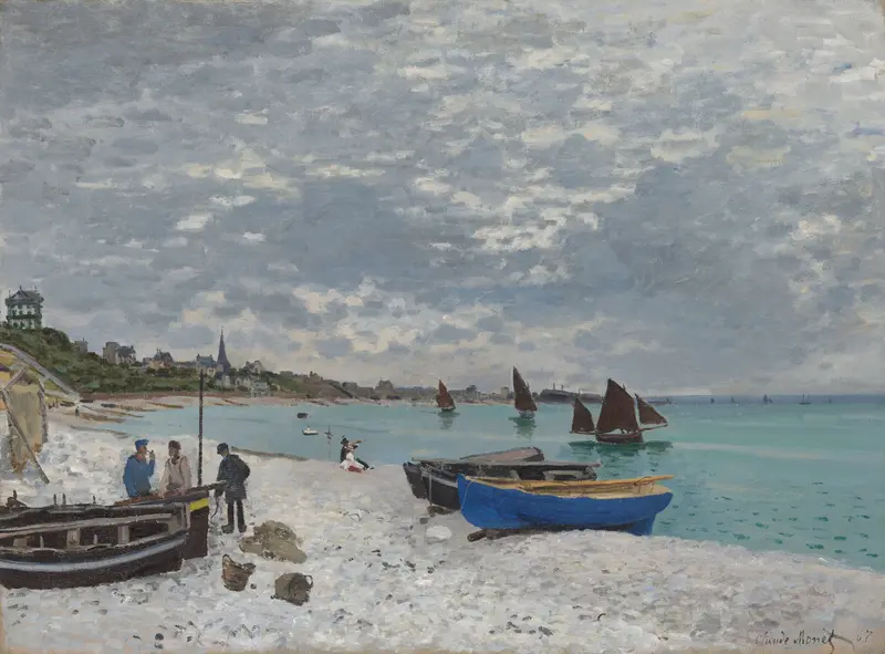 Fishing boats rest on a pebbled shore with fishermen standing and two seated figures near the water, under a cloudy sky with distant boats on turquoise water.
