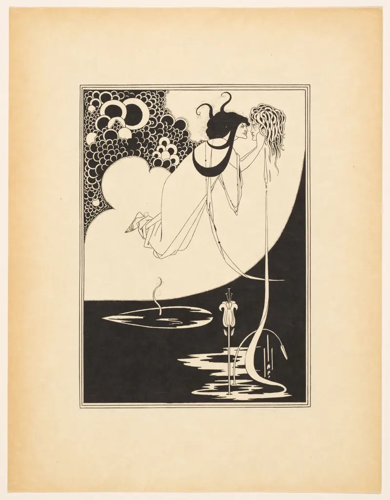 A woman cradles a severed head, kissing it, with a lily blooming nearby, set against a backdrop of peacock feathers.