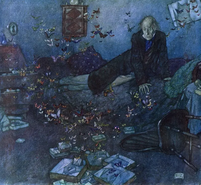 A man lies on a bed surrounded by a storm of colorful butterflies in a blue shadowed room.