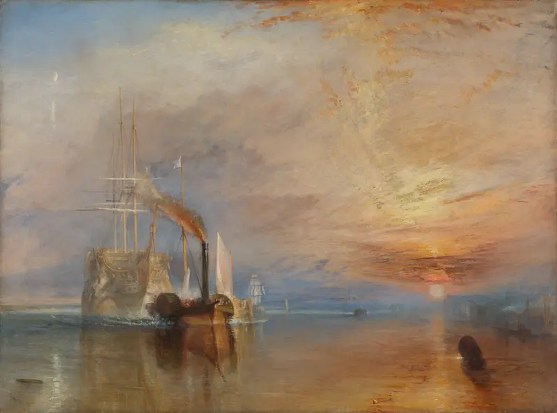 A pale HMS Temeraire warship is towed by a dark paddle-wheel steam tug under a glowing sunset sky with calm reflective water.
