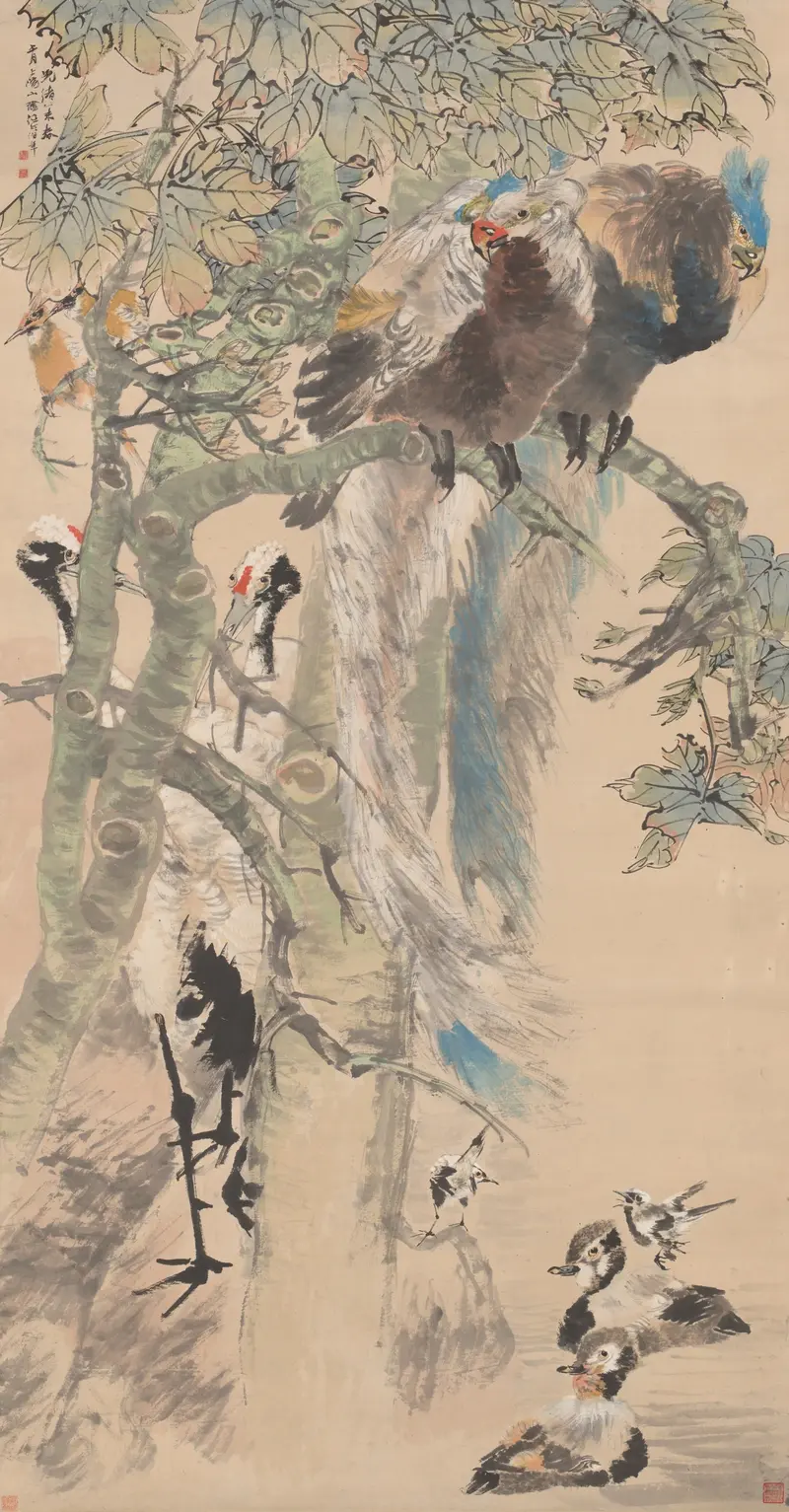The Five Virtues by Ren Yi, paper artwork depicting five figures representing virtues.