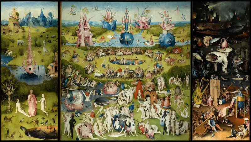 A triptych showing a lush garden with nude figures and animals on the left, a vibrant central panel of nude humans and fantastical creatures, and a dark, fiery hellscape with tortured figures on the right.